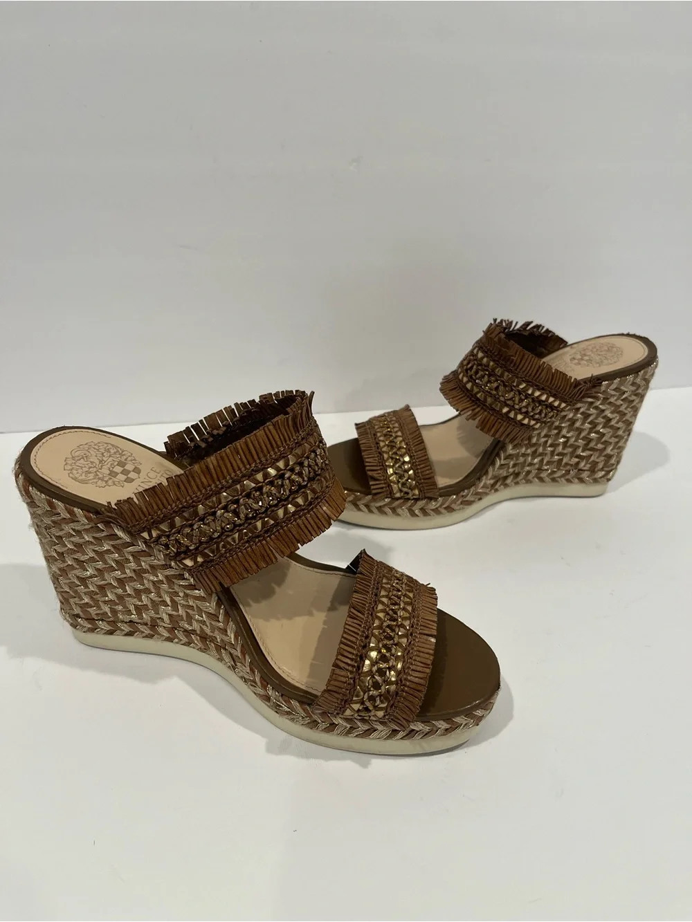 Woven Fringe Wedge Sandals in Brown